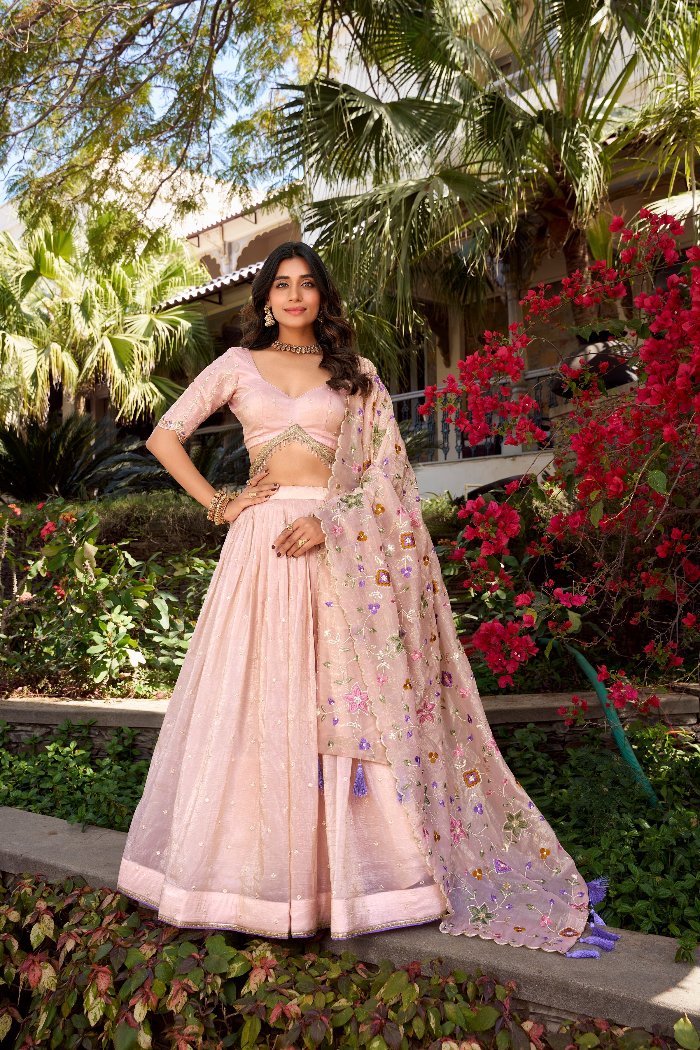 Lorenvalley Light Pink Gold Crush Fabric Sequins and Thread Embroidery All Over Butties Work Lehenga choli