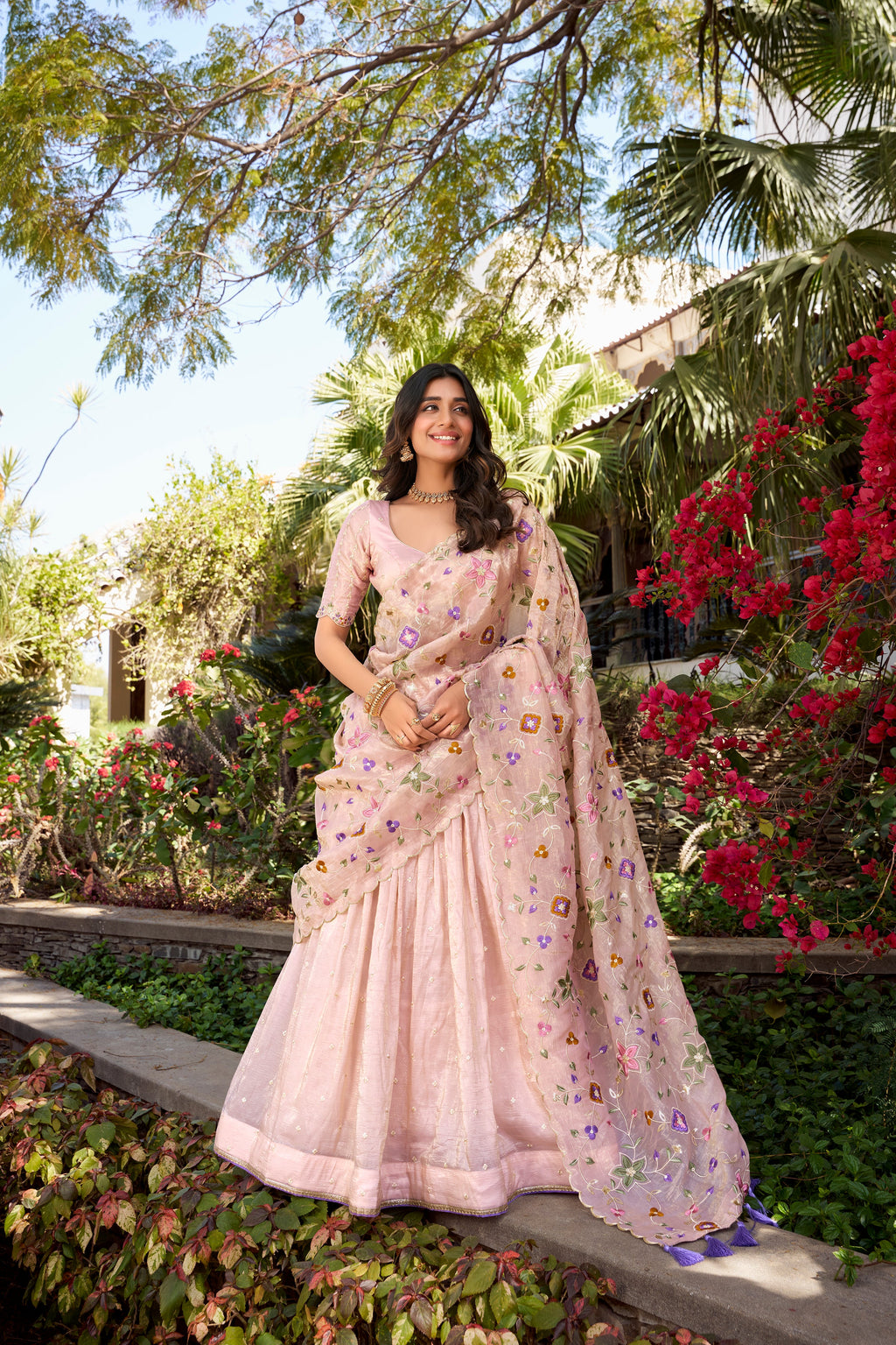 Lorenvalley Light Pink Gold Crush Fabric Sequins and Thread Embroidery All Over Butties Work Lehenga choli