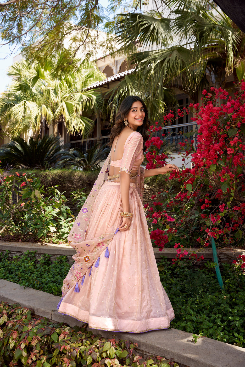 Lorenvalley Light Pink Gold Crush Fabric Sequins and Thread Embroidery All Over Butties Work Lehenga choli