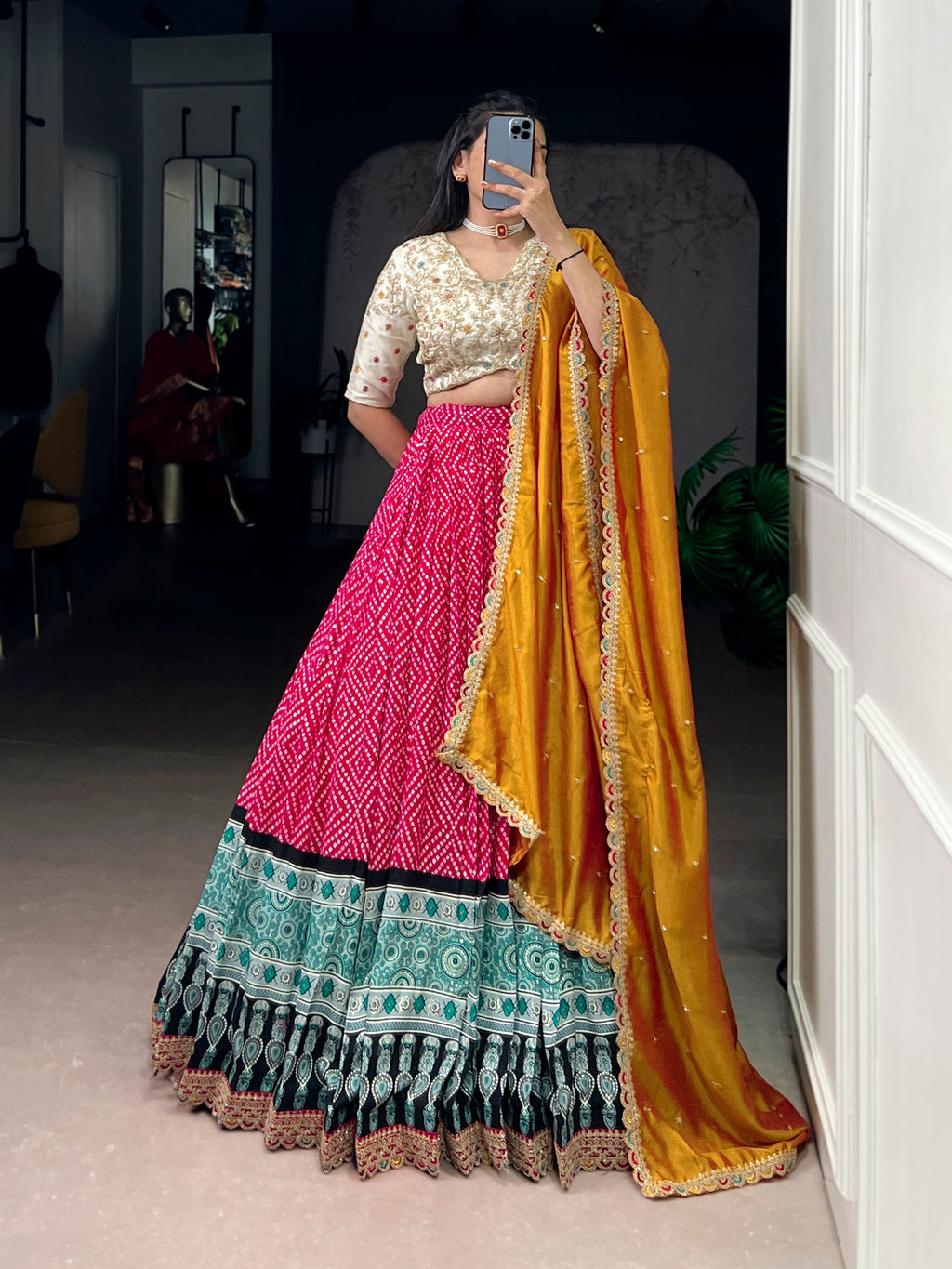 Lorenvalley Fashion Pink Rayon Bandhej and Ajrakh Print with Sequins and Thread Embroidery Lehenga Choli with Dupatta - Distacart