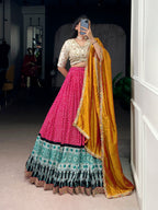 Lorenvalley Fashion Pink Rayon Bandhej and Ajrakh Print with Sequins and Thread Embroidery Lehenga Choli with Dupatta - Distacart