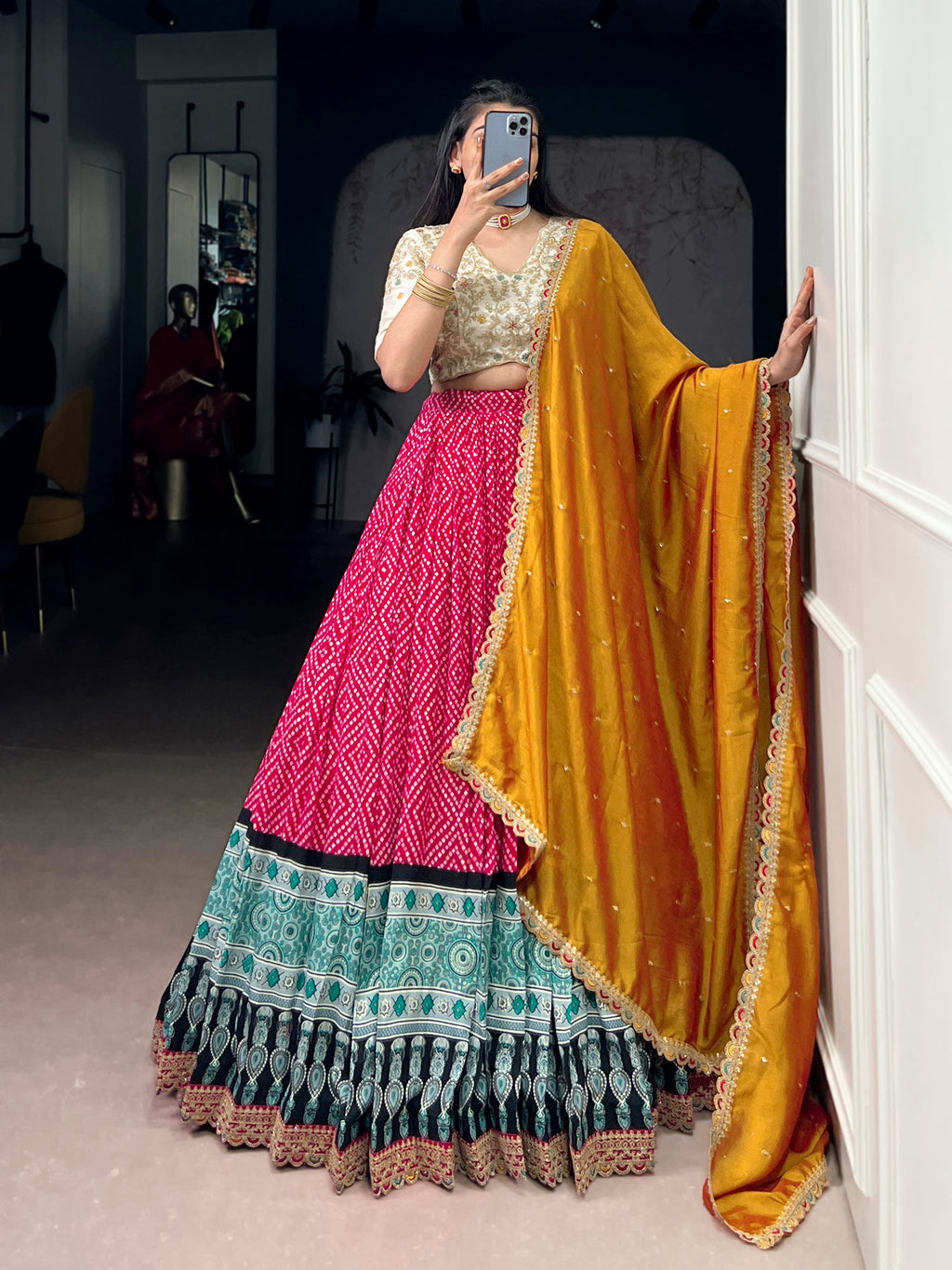 Lorenvalley Fashion Pink Rayon Bandhej and Ajrakh Print with Sequins and Thread Embroidery Lehenga Choli with Dupatta - Distacart
