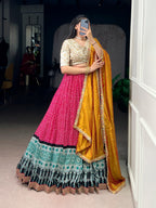 Lorenvalley Fashion Pink Rayon Bandhej and Ajrakh Print with Sequins and Thread Embroidery Lehenga Choli with Dupatta - Distacart