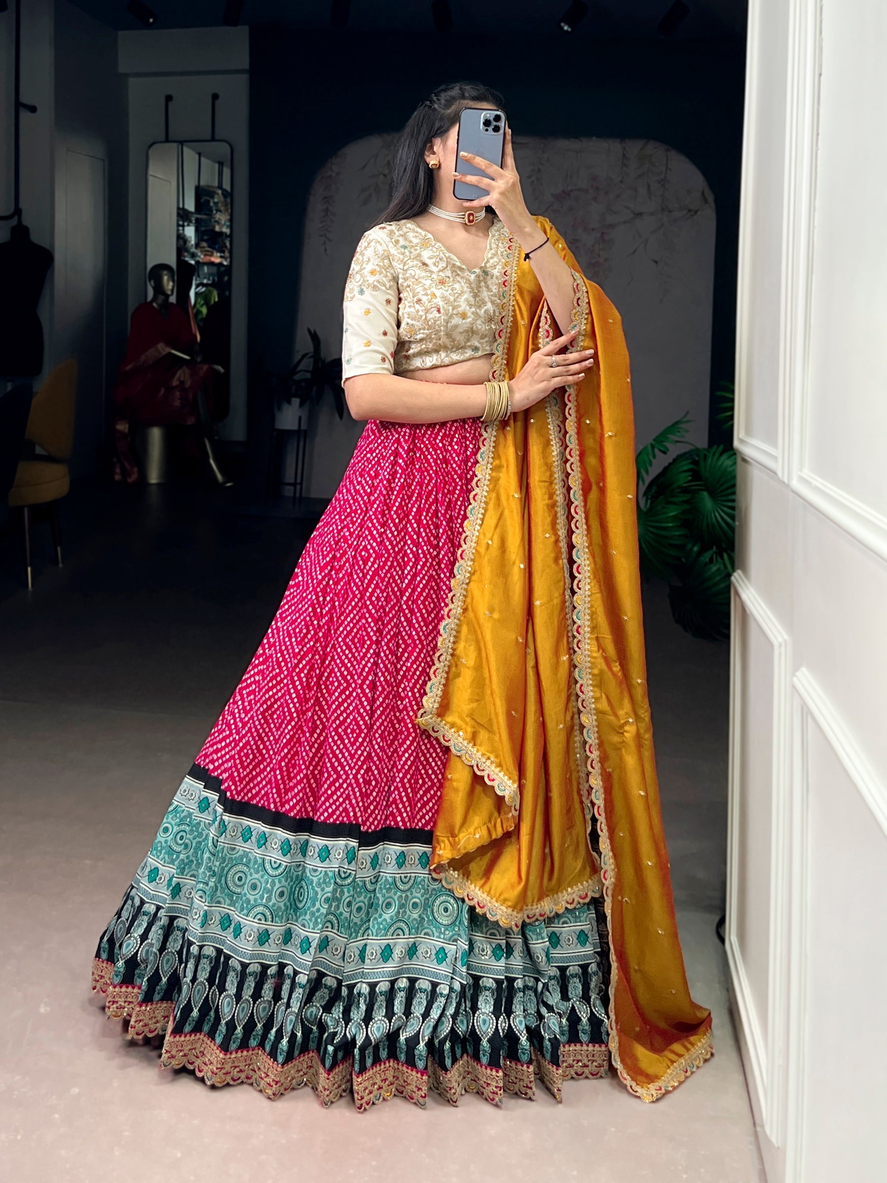 Lorenvalley Fashion Pink Rayon Bandhej and Ajrakh Print with Sequins and Thread Embroidery Lehenga Choli with Dupatta - Distacart