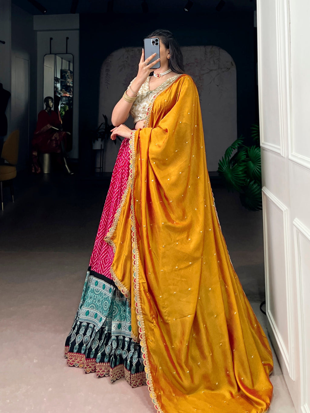 Lorenvalley Fashion Pink Rayon Bandhej and Ajrakh Print with Sequins and Thread Embroidery Lehenga Choli with Dupatta - Distacart