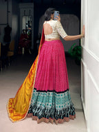 Lorenvalley Fashion Pink Rayon Bandhej and Ajrakh Print with Sequins and Thread Embroidery Lehenga Choli with Dupatta - Distacart