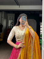 Lorenvalley Fashion Pink Rayon Bandhej and Ajrakh Print with Sequins and Thread Embroidery Lehenga Choli with Dupatta - Distacart