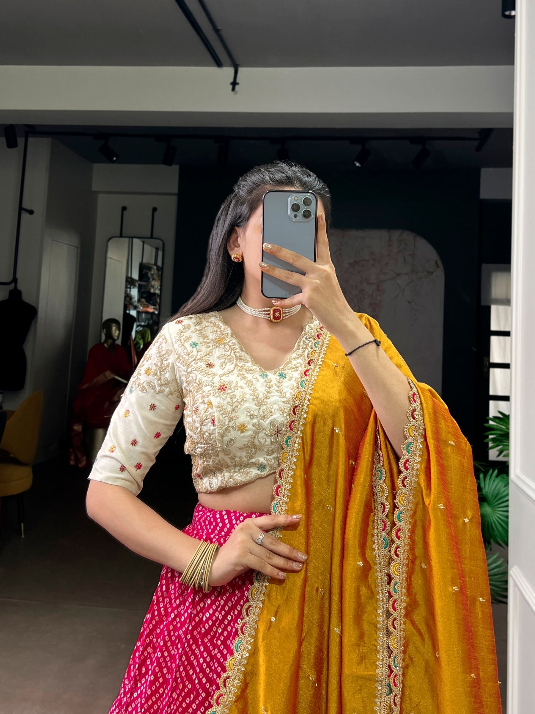 Lorenvalley Fashion Pink Rayon Bandhej and Ajrakh Print with Sequins and Thread Embroidery Lehenga Choli with Dupatta - Distacart
