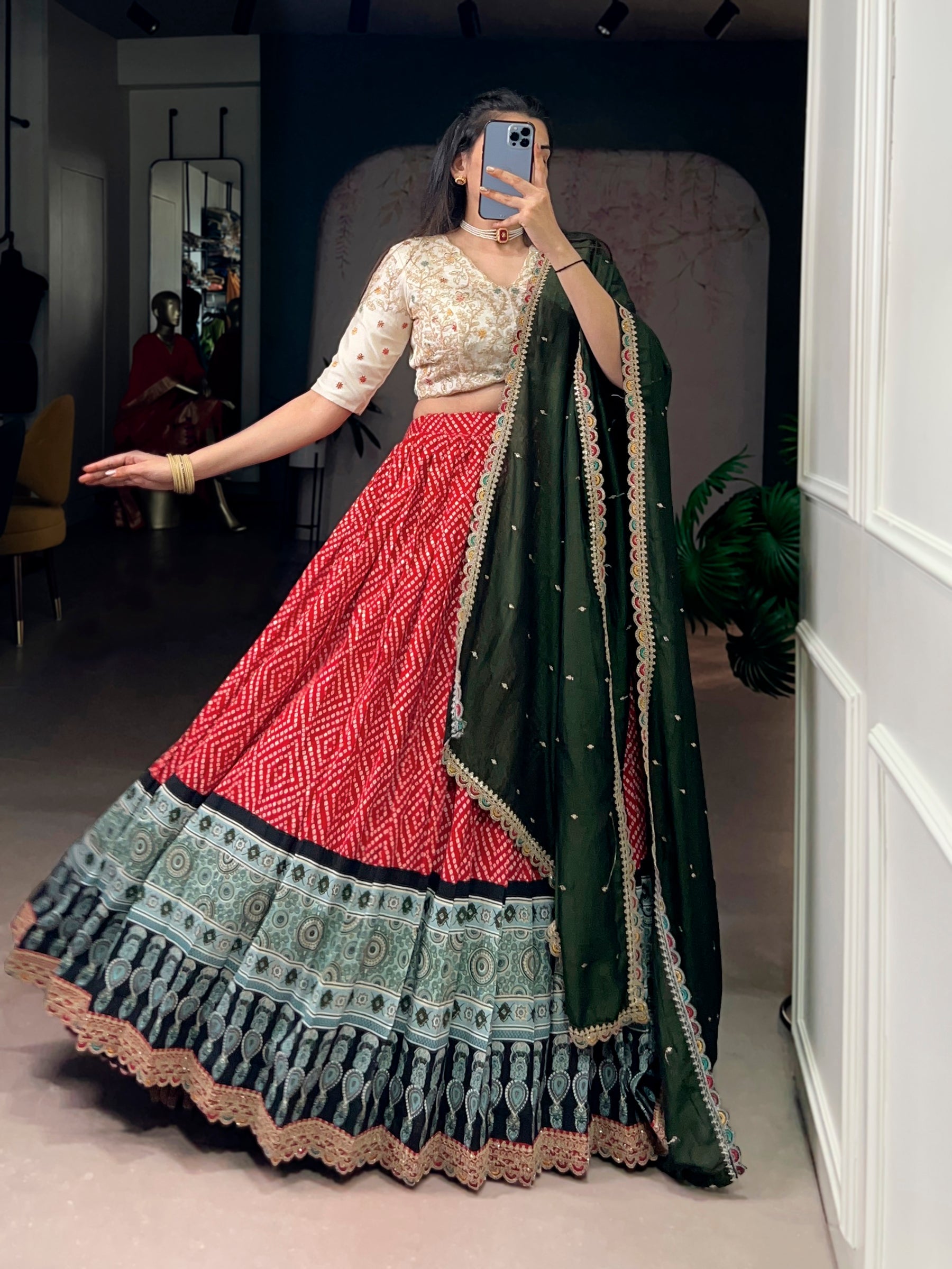 Lorenvalley Fashion Red Rayon Bandhej and Ajrakh Print with Sequins and Thread Embroidery Lehenga Choli with Dupatta