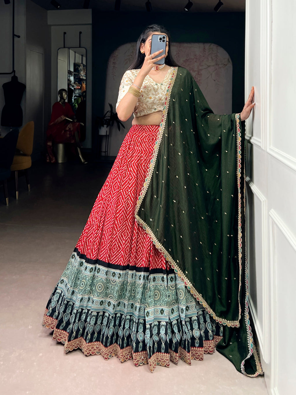 Lorenvalley Fashion Red Rayon Bandhej and Ajrakh Print with Sequins and Thread Embroidery Lehenga Choli with Dupatta