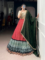 Lorenvalley Fashion Red Rayon Bandhej and Ajrakh Print with Sequins and Thread Embroidery Lehenga Choli with Dupatta