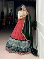 Lorenvalley Fashion Red Rayon Bandhej and Ajrakh Print with Sequins and Thread Embroidery Lehenga Choli with Dupatta