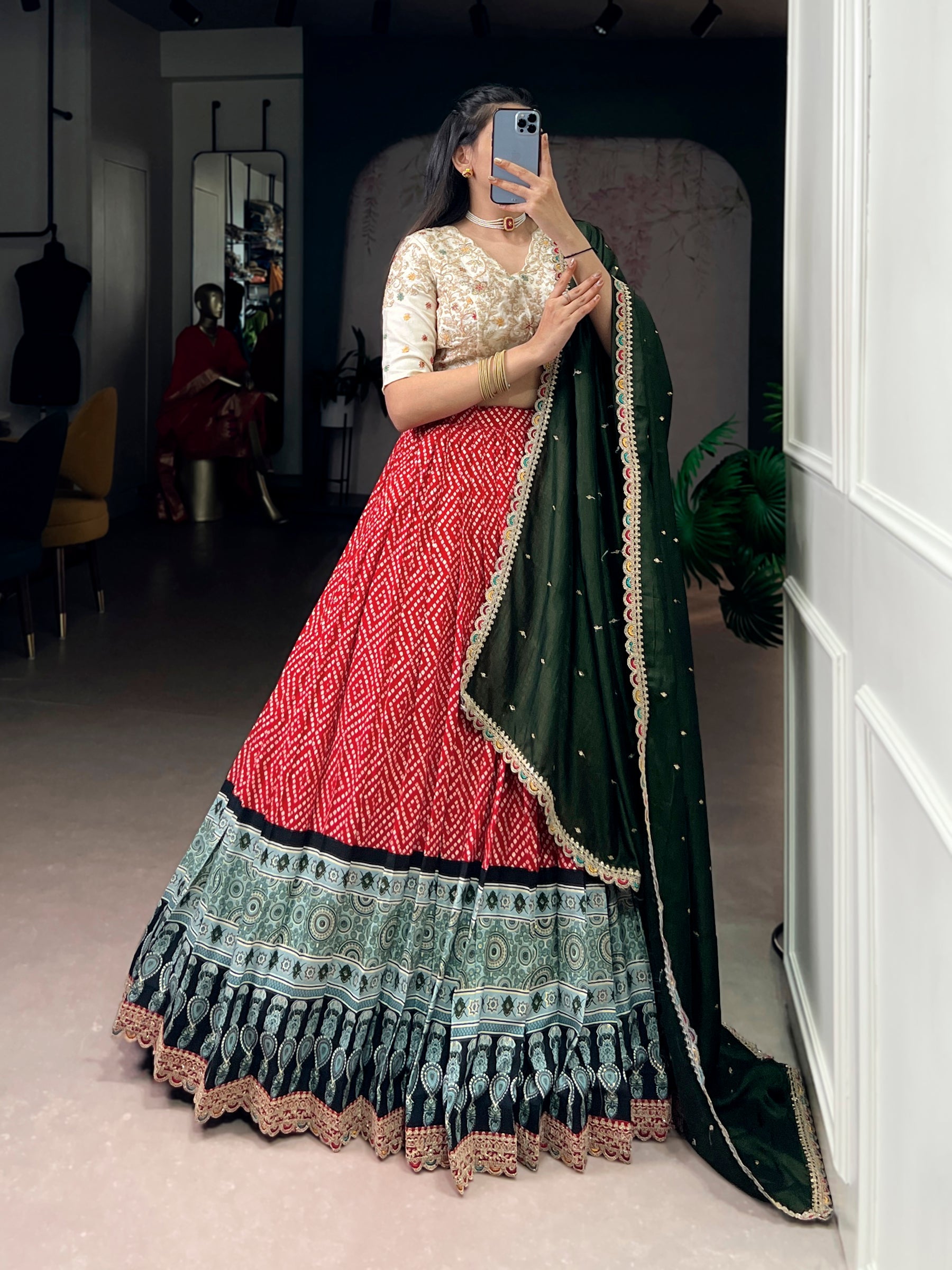 Lorenvalley Fashion Red Rayon Bandhej and Ajrakh Print with Sequins and Thread Embroidery Lehenga Choli with Dupatta
