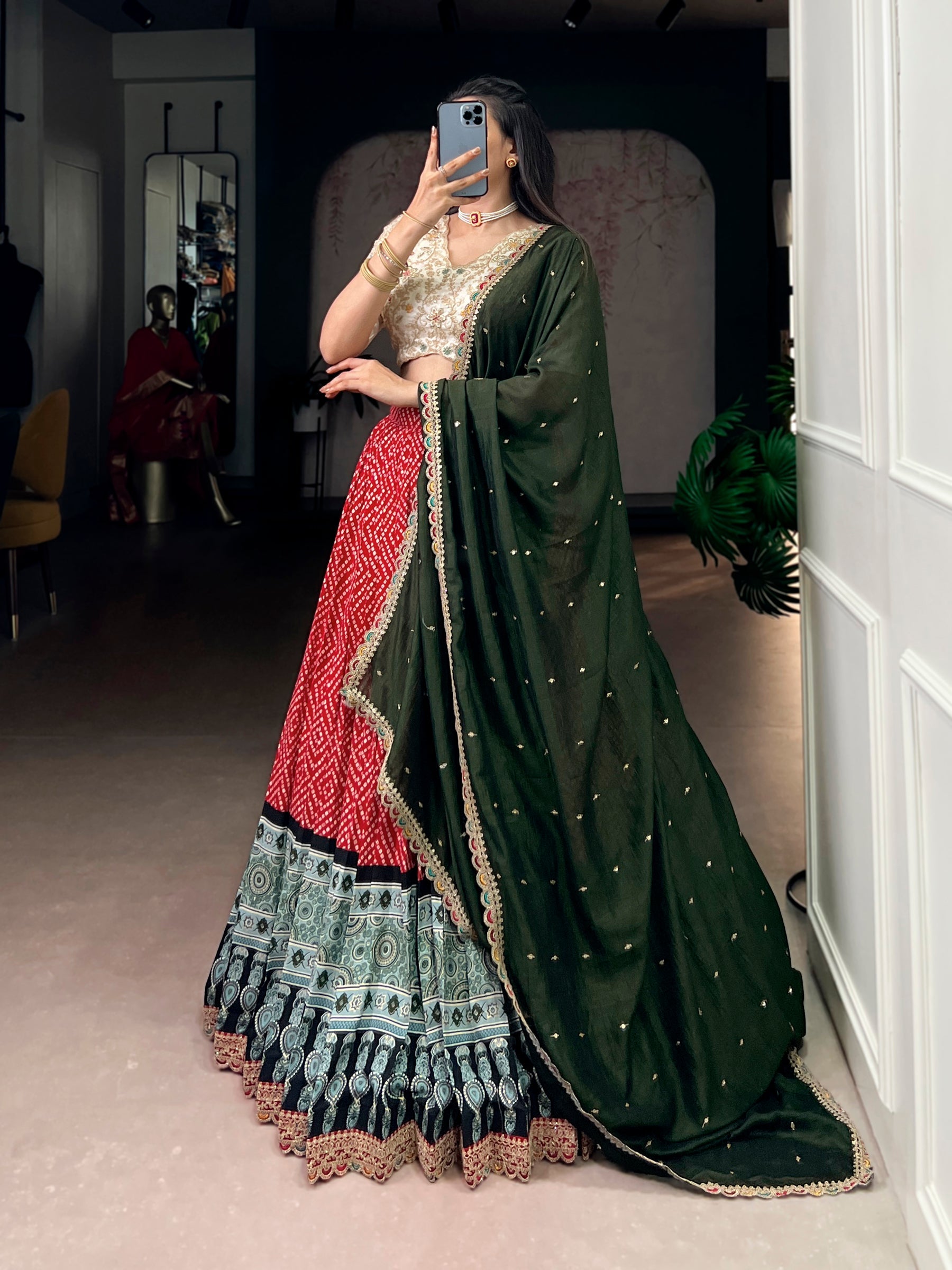 Lorenvalley Fashion Red Rayon Bandhej and Ajrakh Print with Sequins and Thread Embroidery Lehenga Choli with Dupatta