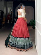 Lorenvalley Fashion Red Rayon Bandhej and Ajrakh Print with Sequins and Thread Embroidery Lehenga Choli with Dupatta