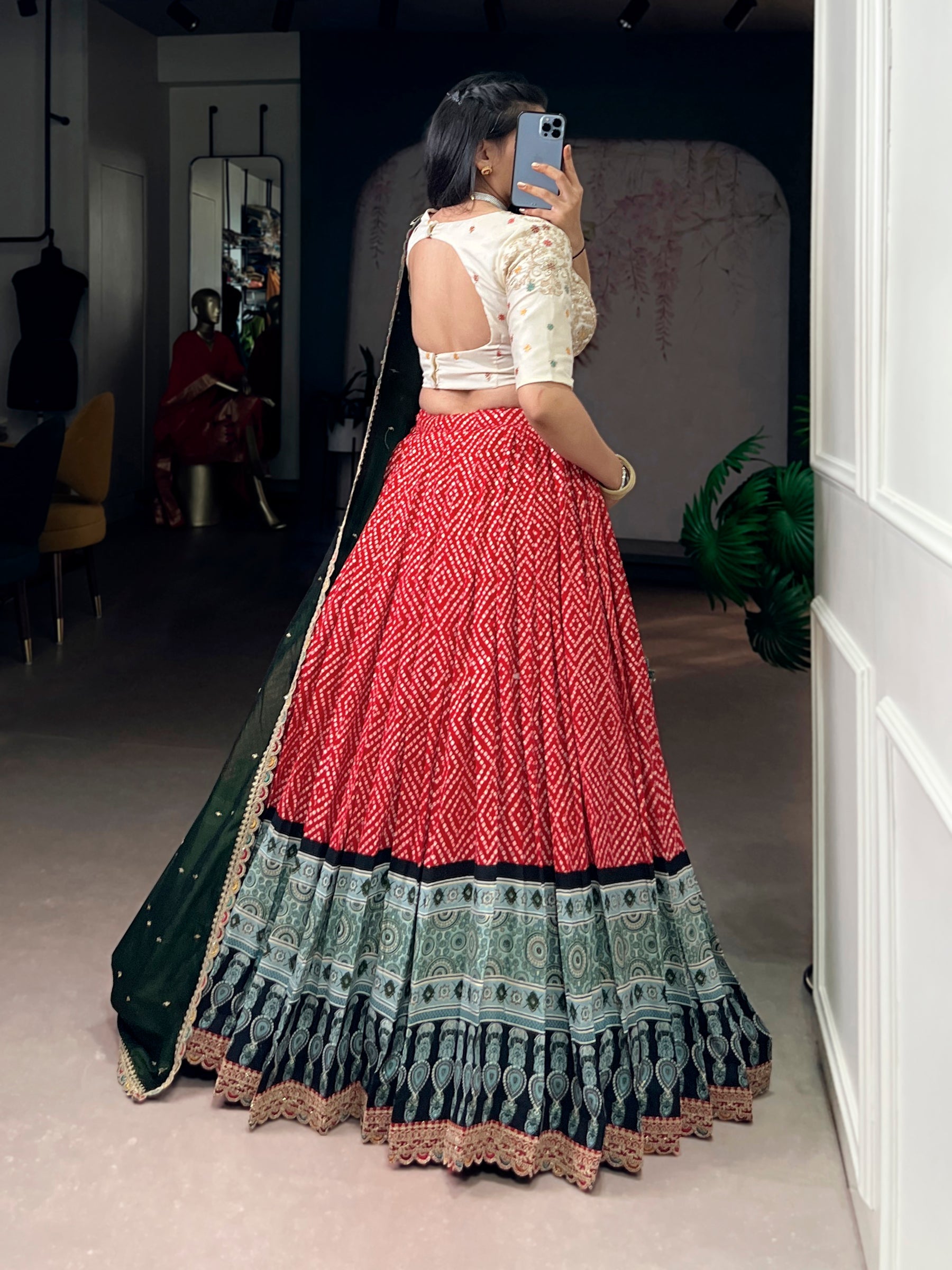 Lorenvalley Fashion Red Rayon Bandhej and Ajrakh Print with Sequins and Thread Embroidery Lehenga Choli with Dupatta