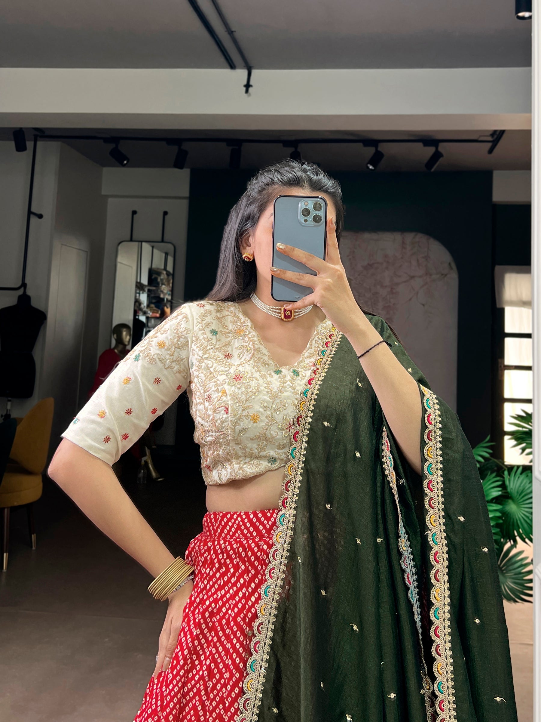 Lorenvalley Fashion Red Rayon Bandhej and Ajrakh Print with Sequins and Thread Embroidery Lehenga Choli with Dupatta