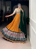 Lorenvalley Fashion Yellow Rayon Bandhej and Ajrakh Print with Sequins and Thread Embroidery Lehenga Choli with Dupatta - Distacart