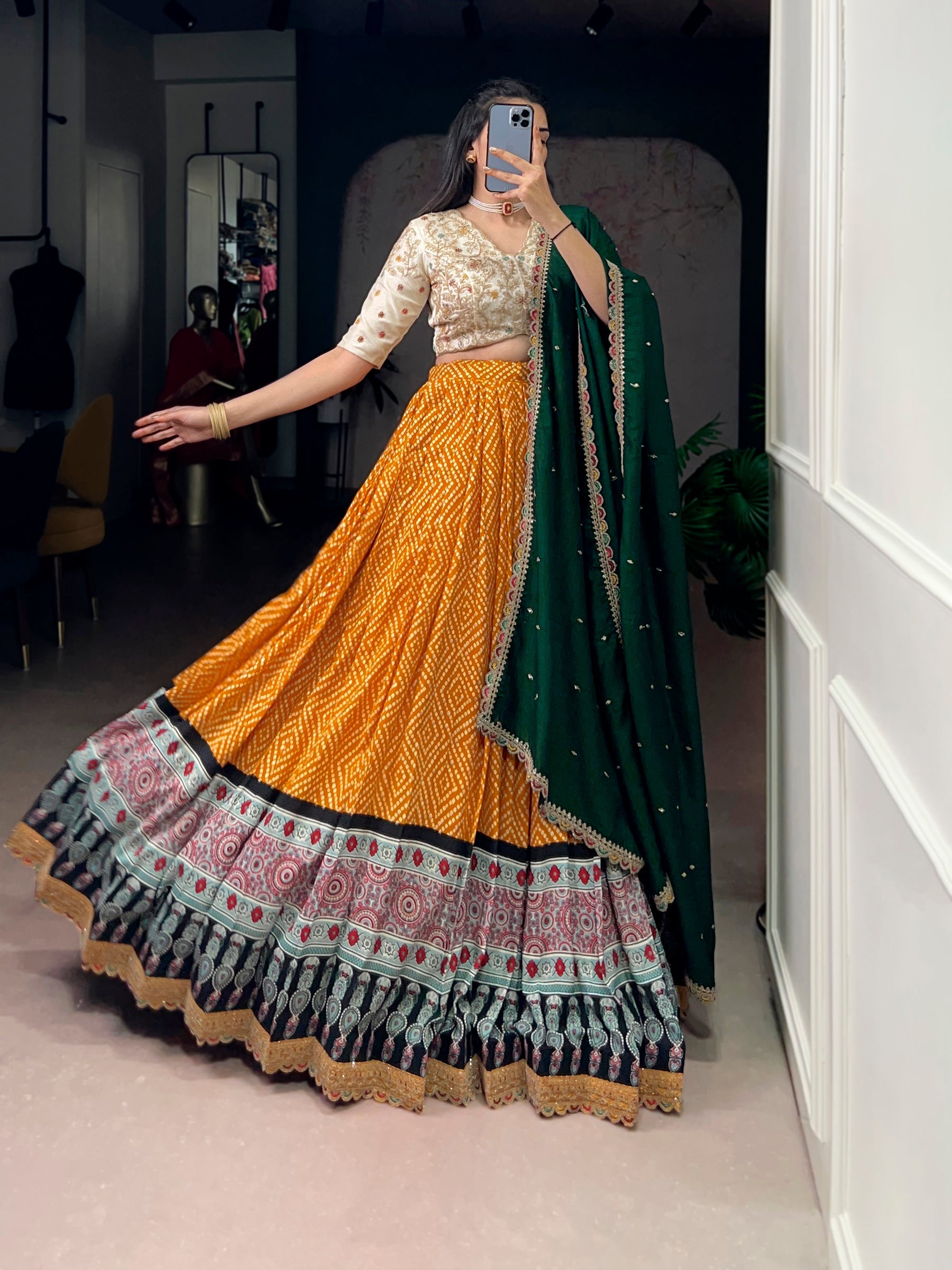 Lorenvalley Fashion Yellow Rayon Bandhej and Ajrakh Print with Sequins and Thread Embroidery Lehenga Choli with Dupatta - Distacart