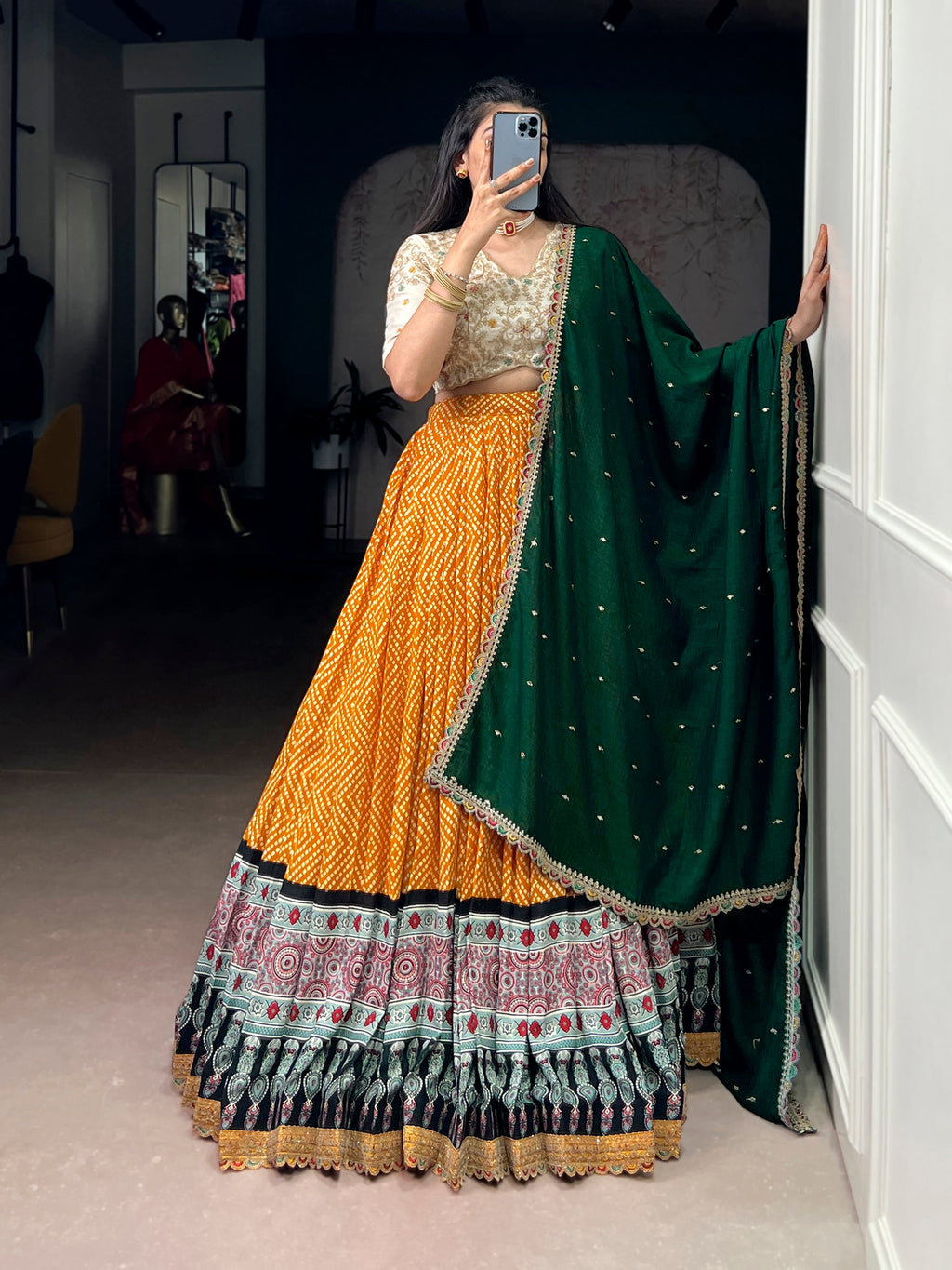 Lorenvalley Fashion Yellow Rayon Bandhej and Ajrakh Print with Sequins and Thread Embroidery Lehenga Choli with Dupatta - Distacart