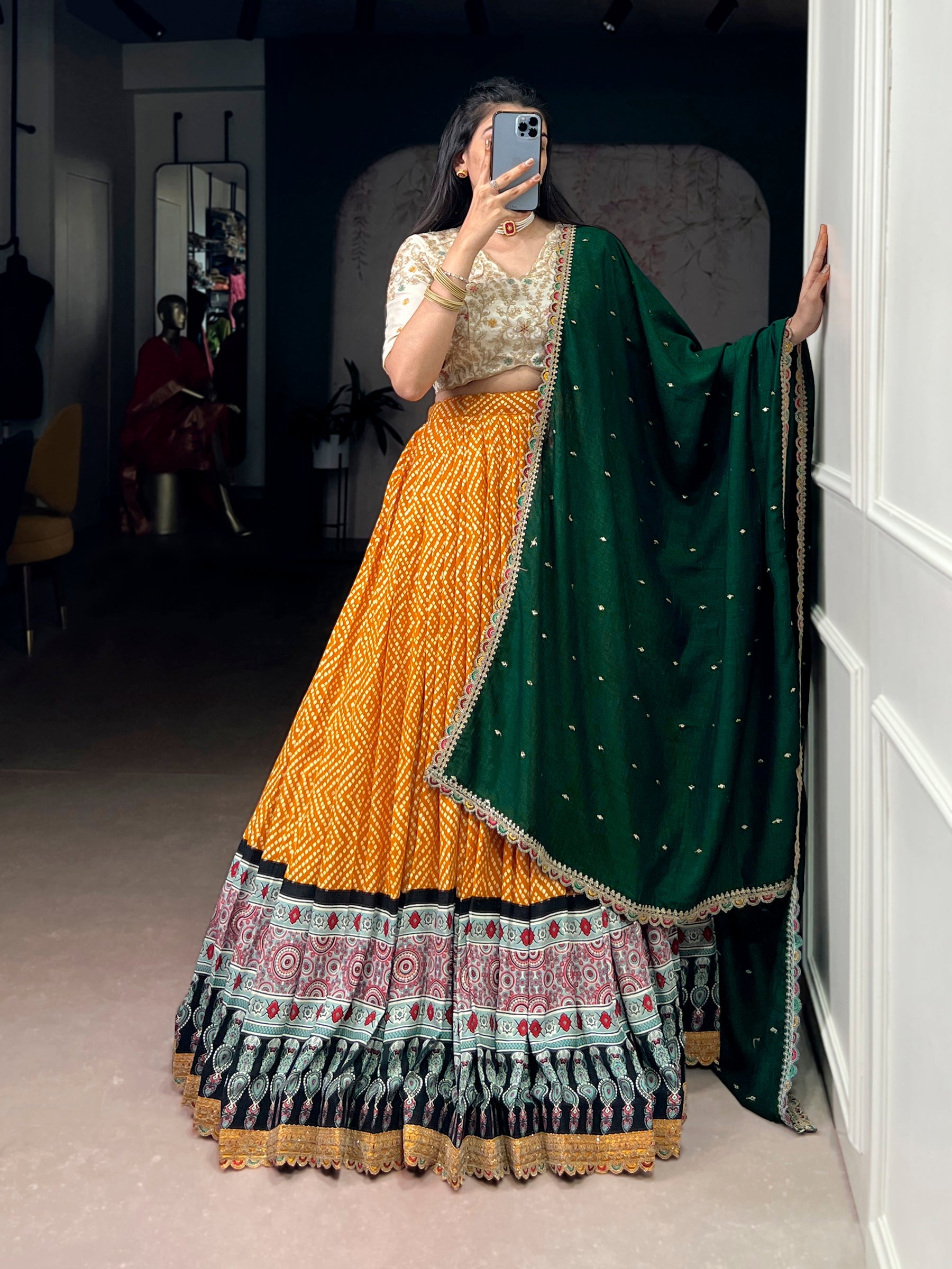 Lorenvalley Fashion Yellow Rayon Bandhej and Ajrakh Print with Sequins and Thread Embroidery Lehenga Choli with Dupatta - Distacart