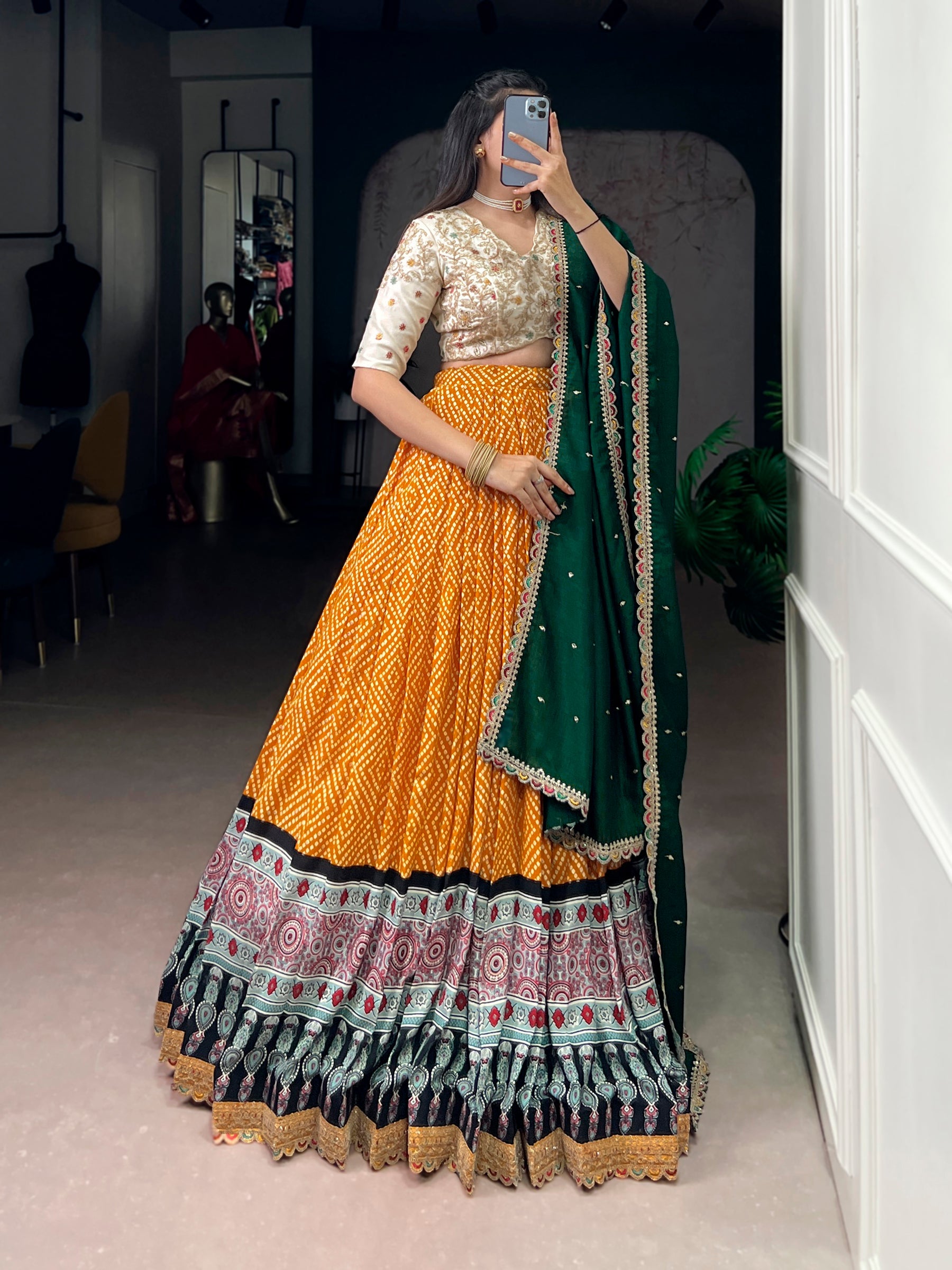 Lorenvalley Fashion Yellow Rayon Bandhej and Ajrakh Print with Sequins and Thread Embroidery Lehenga Choli with Dupatta - Distacart