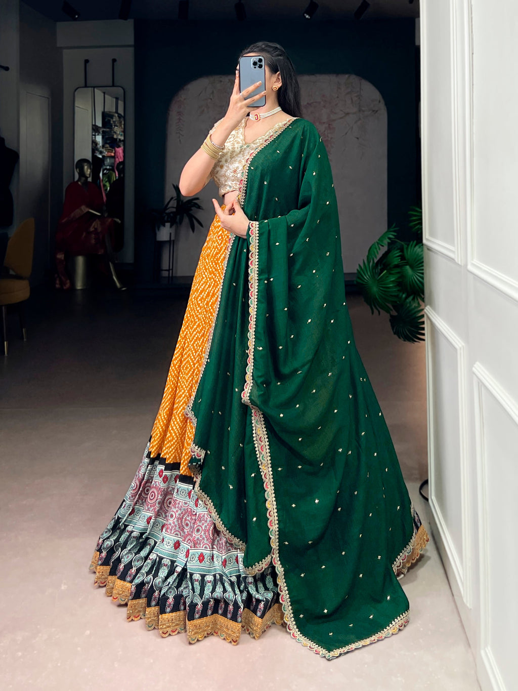 Lorenvalley Fashion Yellow Rayon Bandhej and Ajrakh Print with Sequins and Thread Embroidery Lehenga Choli with Dupatta - Distacart