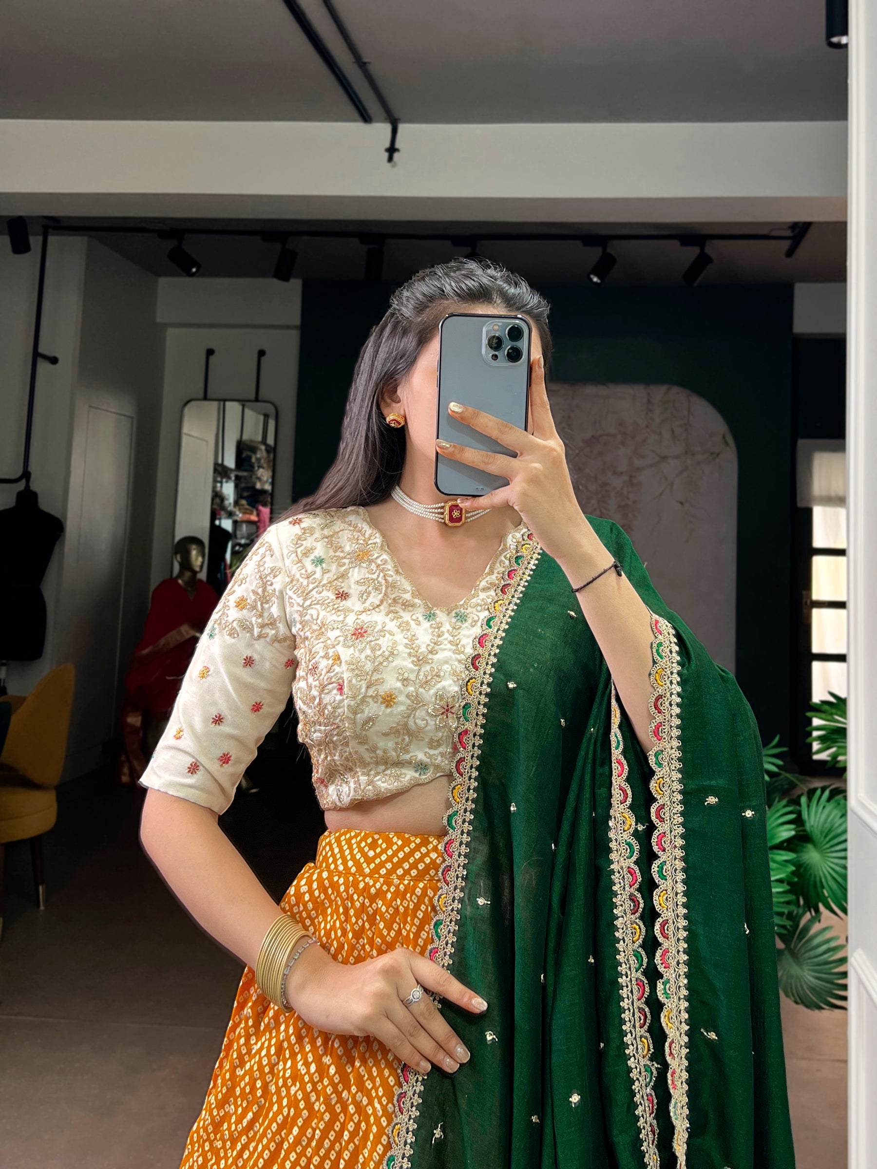 Lorenvalley Fashion Yellow Rayon Bandhej and Ajrakh Print with Sequins and Thread Embroidery Lehenga Choli with Dupatta - Distacart