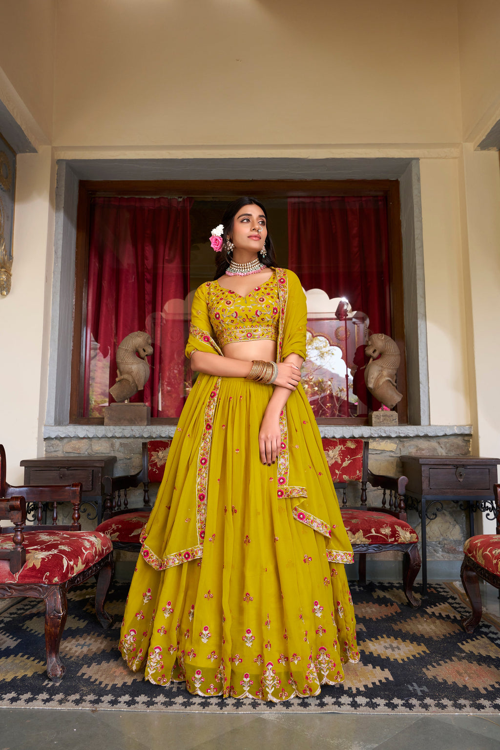 Lorenvalley Mustard Georgette Sequins and Thread Embroidery Work Lehenga Choli