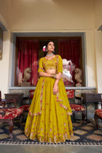 Lorenvalley Mustard Georgette Sequins and Thread Embroidery Work Lehenga Choli