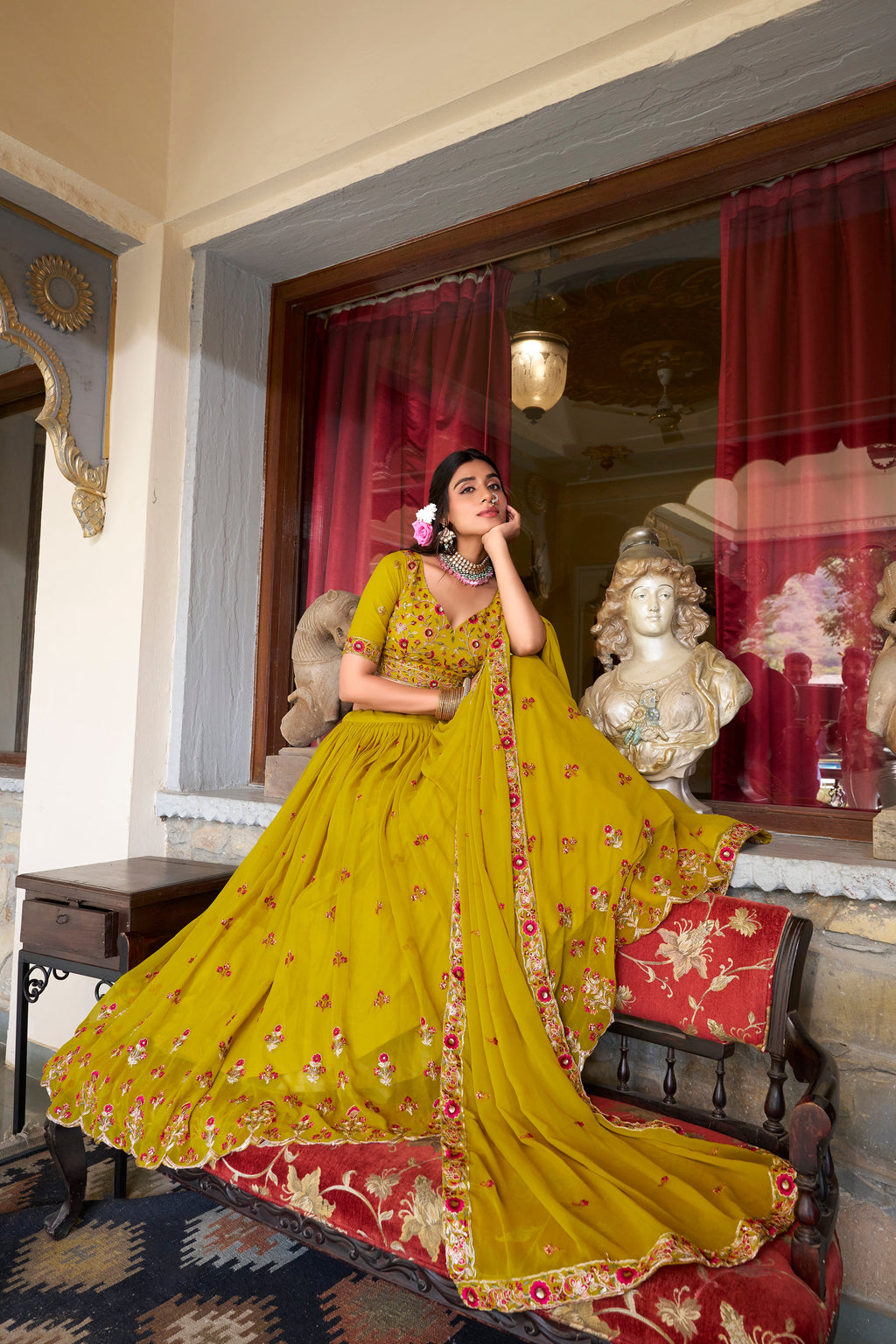 Lorenvalley Mustard Georgette Sequins and Thread Embroidery Work Lehenga Choli