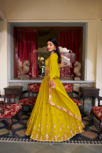 Lorenvalley Mustard Georgette Sequins and Thread Embroidery Work Lehenga Choli