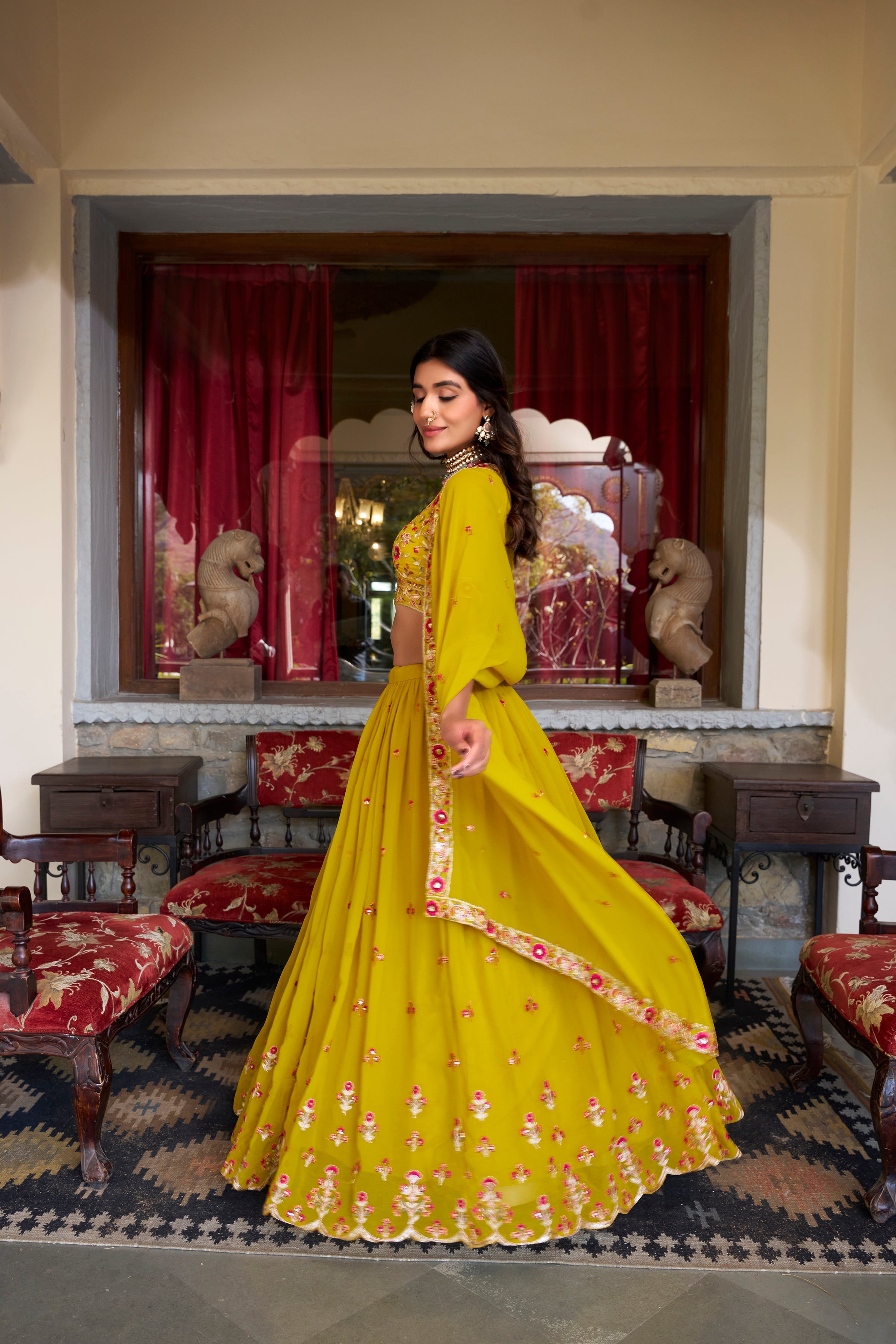 Lorenvalley Mustard Georgette Sequins and Thread Embroidery Work Lehenga Choli