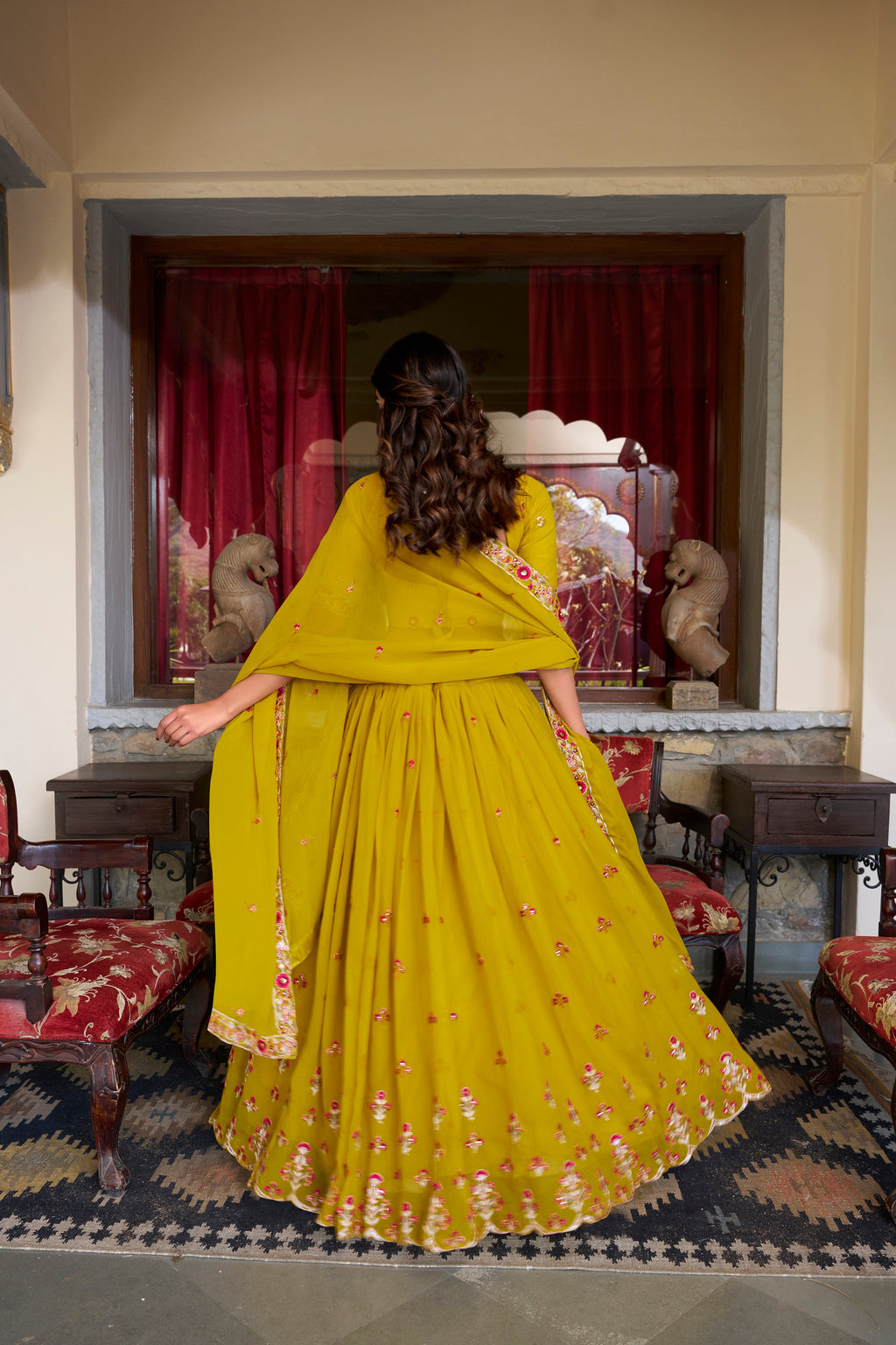 Lorenvalley Mustard Georgette Sequins and Thread Embroidery Work Lehenga Choli