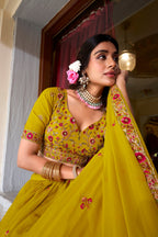 Lorenvalley Mustard Georgette Sequins and Thread Embroidery Work Lehenga Choli
