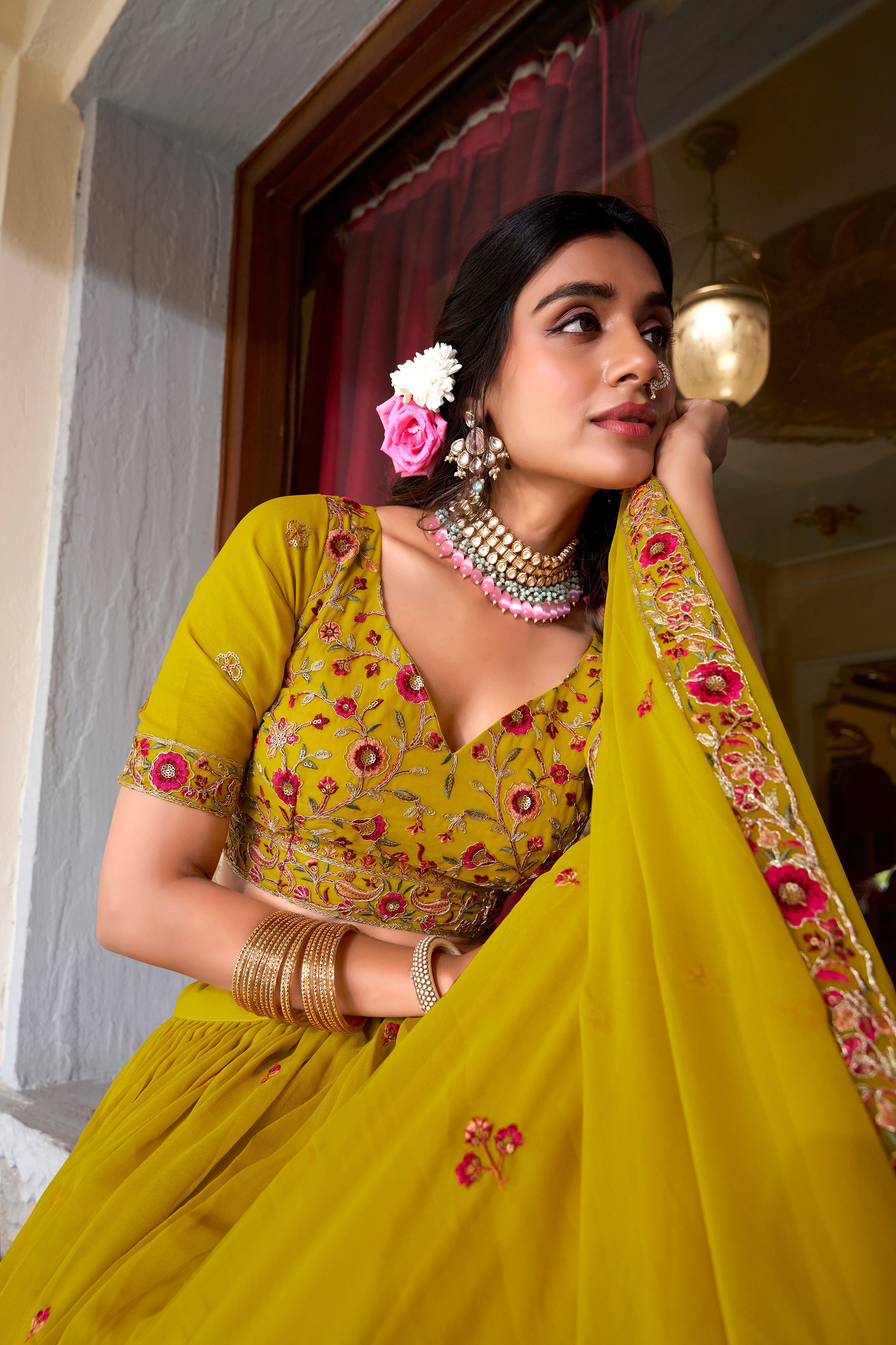 Lorenvalley Mustard Georgette Sequins and Thread Embroidery Work Lehenga Choli