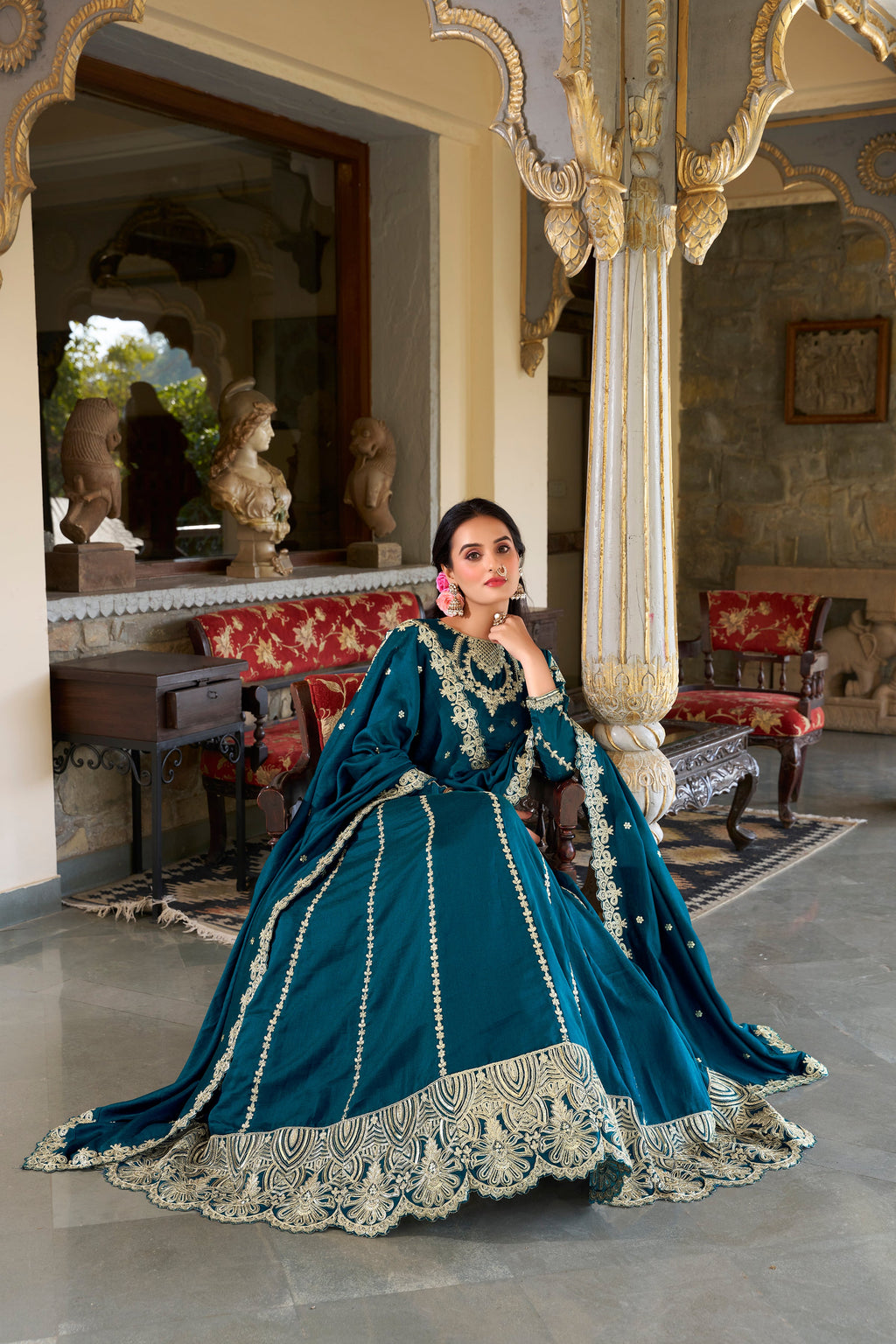 Lorenvalley Rama Vichitra Silk Sequins and Thread Embroidery Work Lehenga Choli