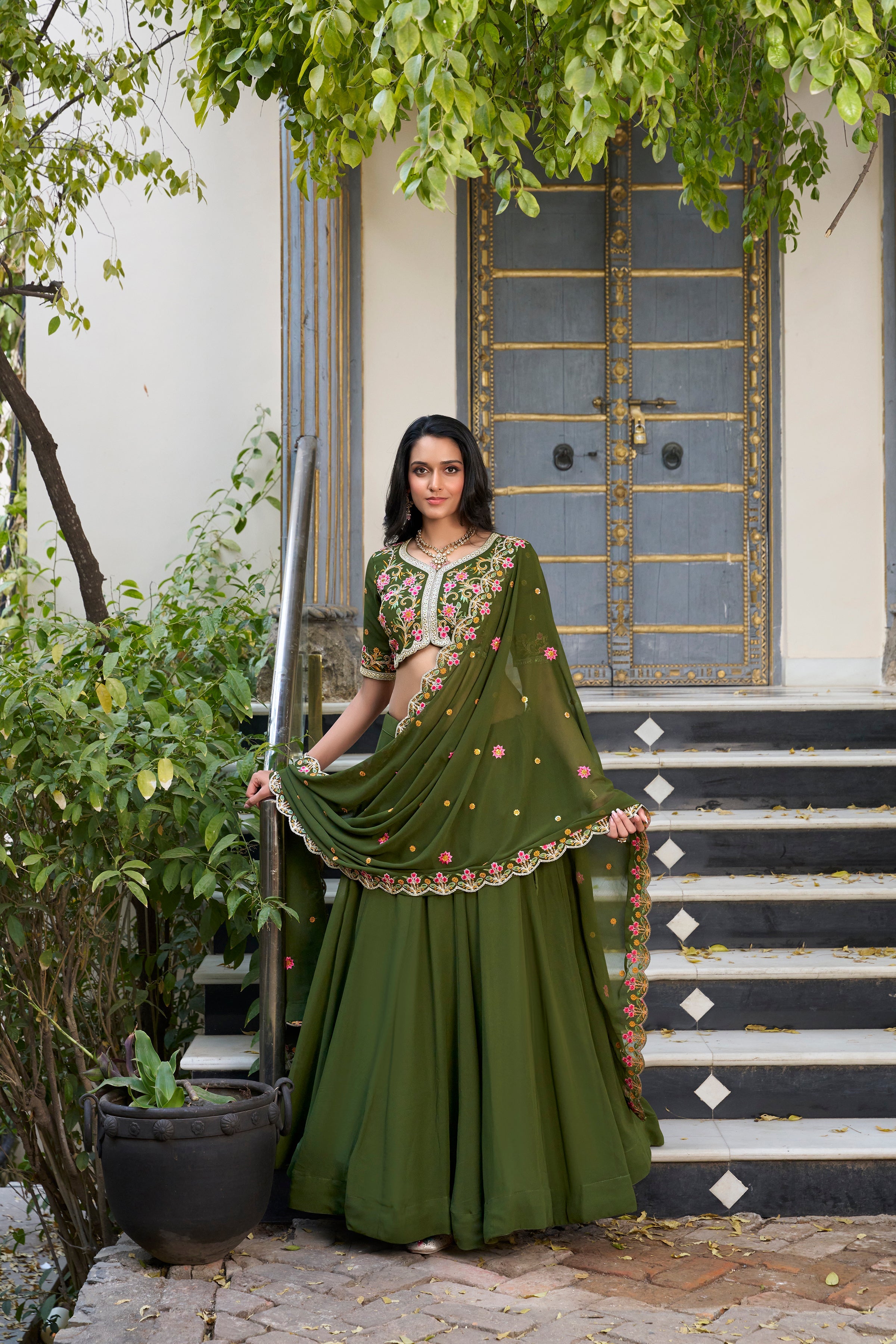 Lorenvalley Mehendi Georgette Plain Lehenga with Sequins and Thread Embroidery Work Choli Dupatta