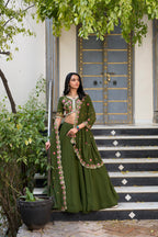 Lorenvalley Mehendi Georgette Plain Lehenga with Sequins and Thread Embroidery Work Choli Dupatta