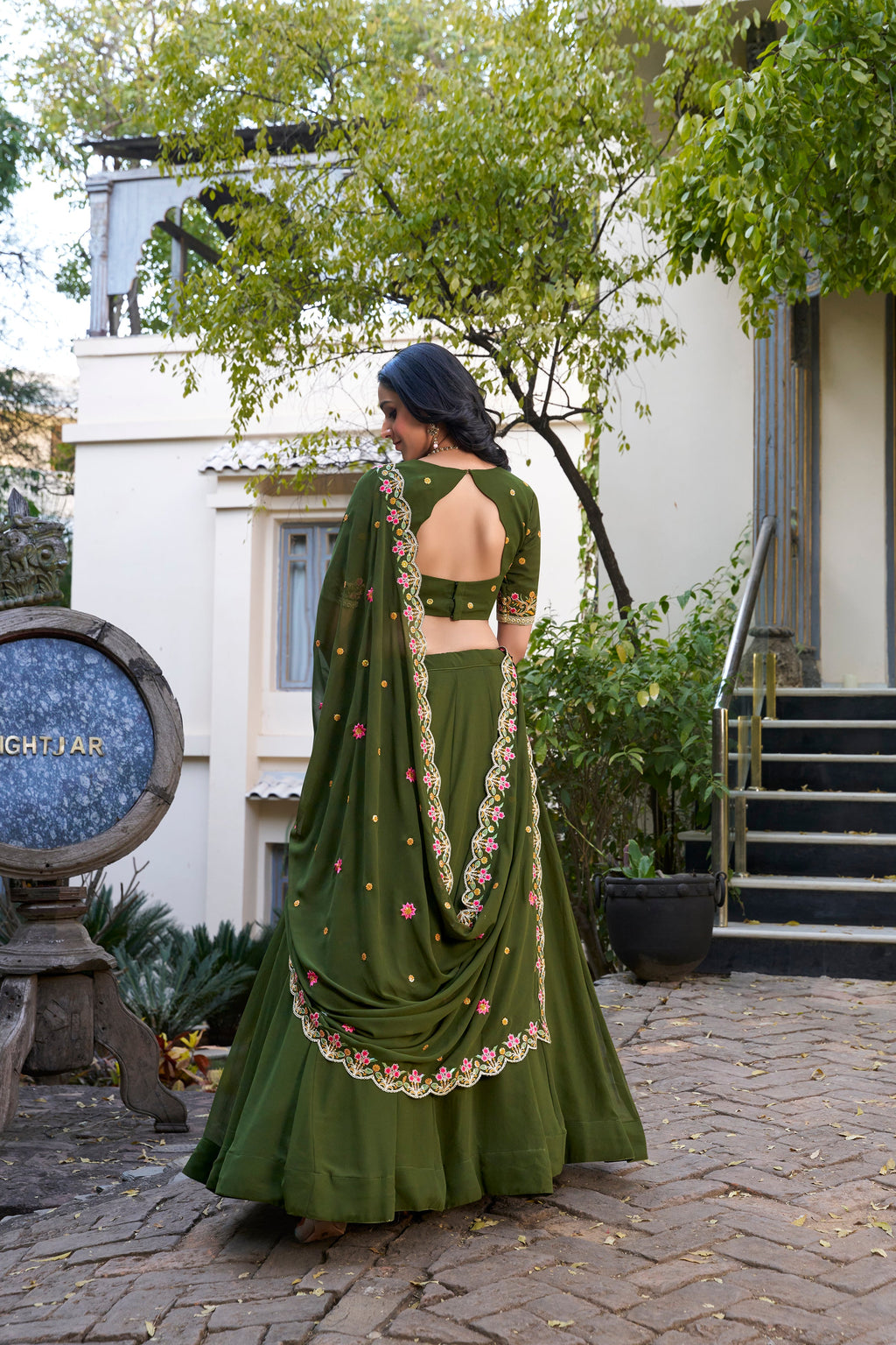 Lorenvalley Mehendi Georgette Plain Lehenga with Sequins and Thread Embroidery Work Choli Dupatta