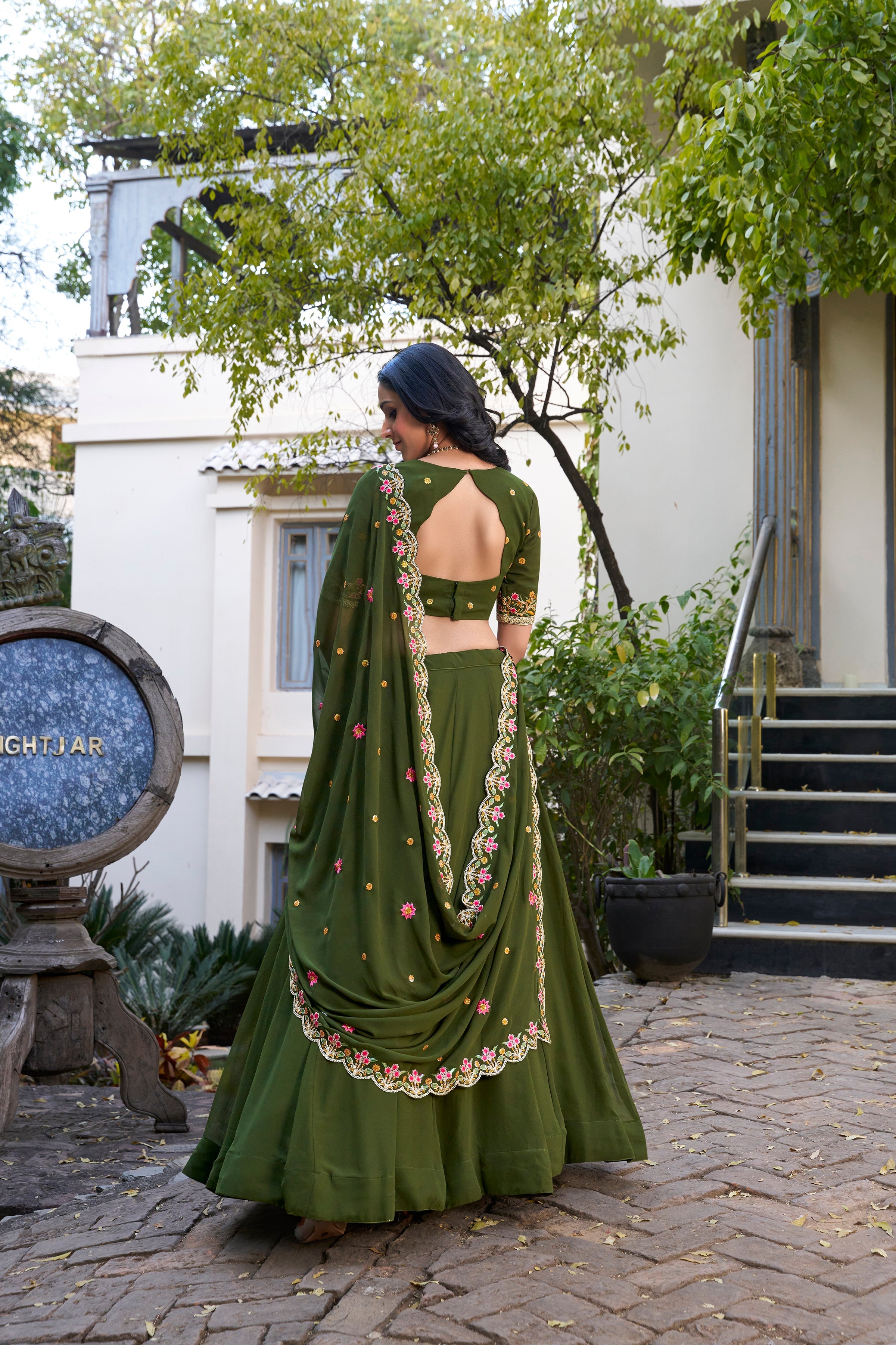 Lorenvalley Mehendi Georgette Plain Lehenga with Sequins and Thread Embroidery Work Choli Dupatta