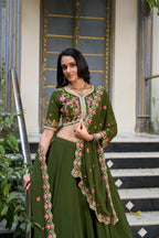 Lorenvalley Mehendi Georgette Plain Lehenga with Sequins and Thread Embroidery Work Choli Dupatta