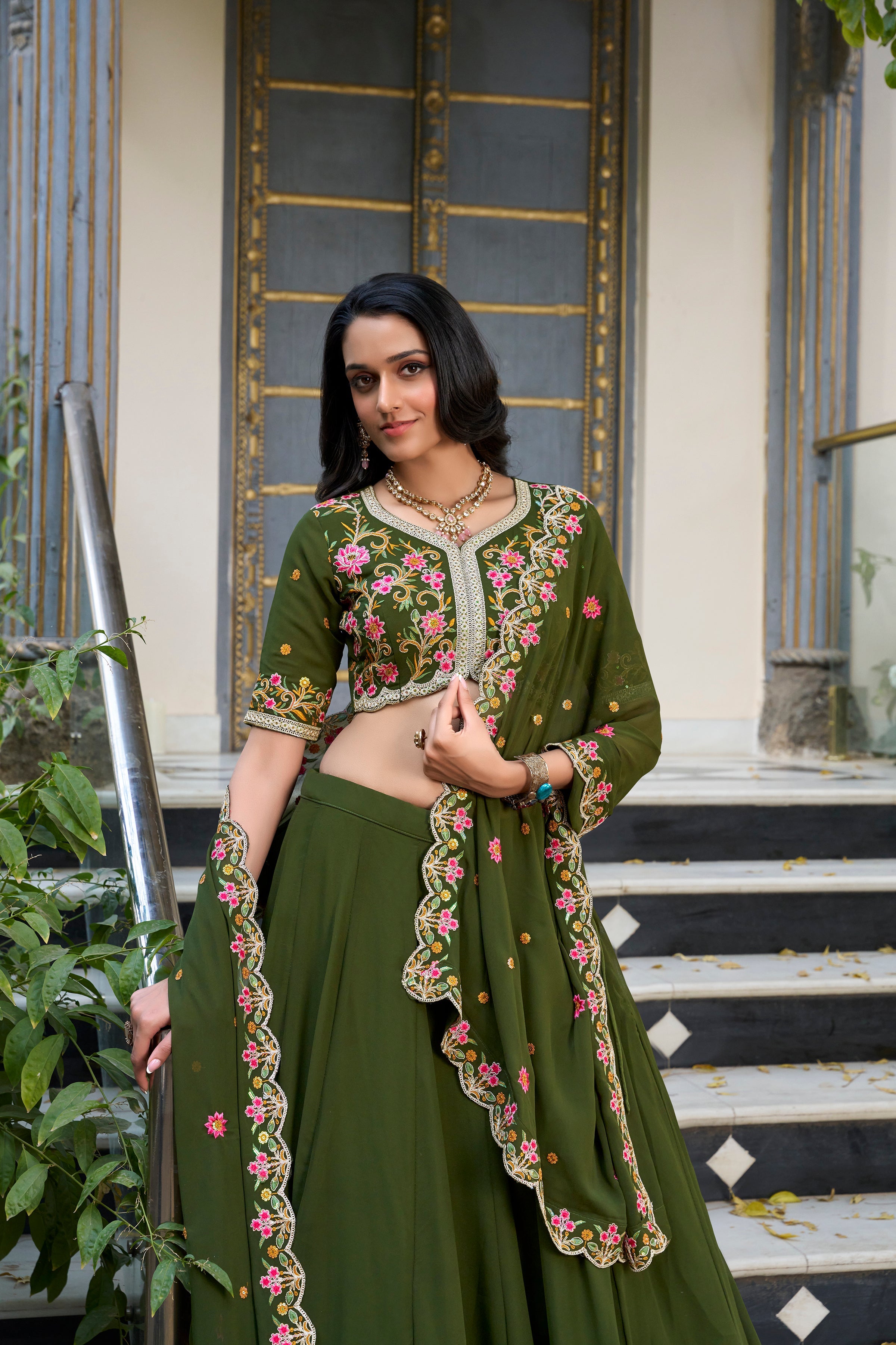 Lorenvalley Mehendi Georgette Plain Lehenga with Sequins and Thread Embroidery Work Choli Dupatta