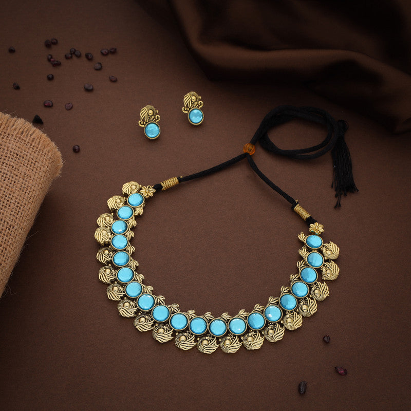 Tehzeeb Creations Sky Blue Colour Gold-Polished Stone Jewellery Choker Necklace Set With Matching Pair of Stud Earrings