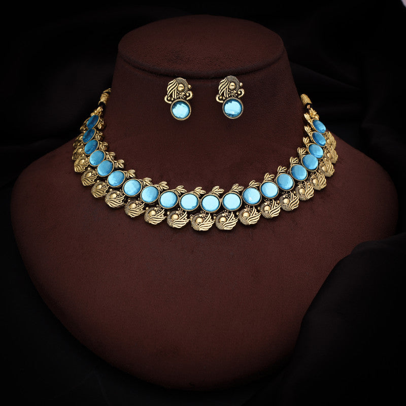 Tehzeeb Creations Sky Blue Colour Gold-Polished Stone Jewellery Choker Necklace Set With Matching Pair of Stud Earrings