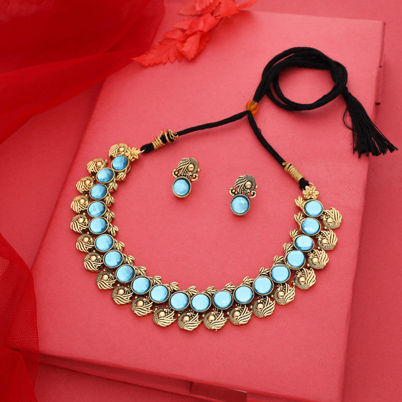 Tehzeeb Creations Sky Blue Colour Gold-Polished Stone Jewellery Choker Necklace Set With Matching Pair of Stud Earrings