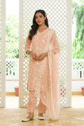 Vaasva Women Peach Linen Embroidered Solid Kurta Set With Solid Pants & Chiffon Embroidered Dupatta