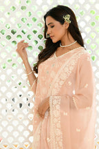 Vaasva Women Peach Linen Embroidered Solid Kurta Set With Solid Pants & Chiffon Embroidered Dupatta