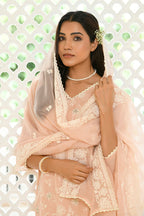 Vaasva Women Peach Linen Embroidered Solid Kurta Set With Solid Pants & Chiffon Embroidered Dupatta