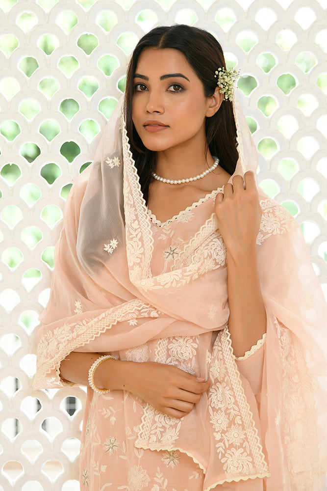 Vaasva Women Peach Linen Embroidered Solid Kurta Set With Solid Pants & Chiffon Embroidered Dupatta